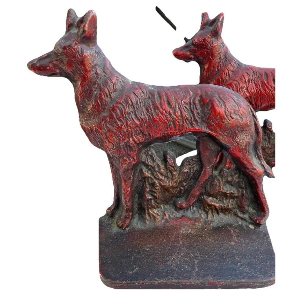 Vintage Cast Iron Bronze Red Patina German Shepherd‎ Dog Bookends Door Stops